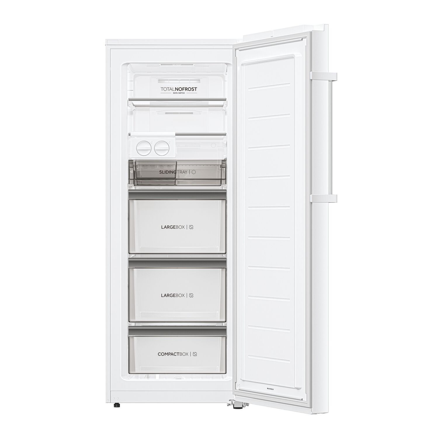 Congélateur blanc avec porte ouverte, tiroirs : Total No Frost, Largebox.