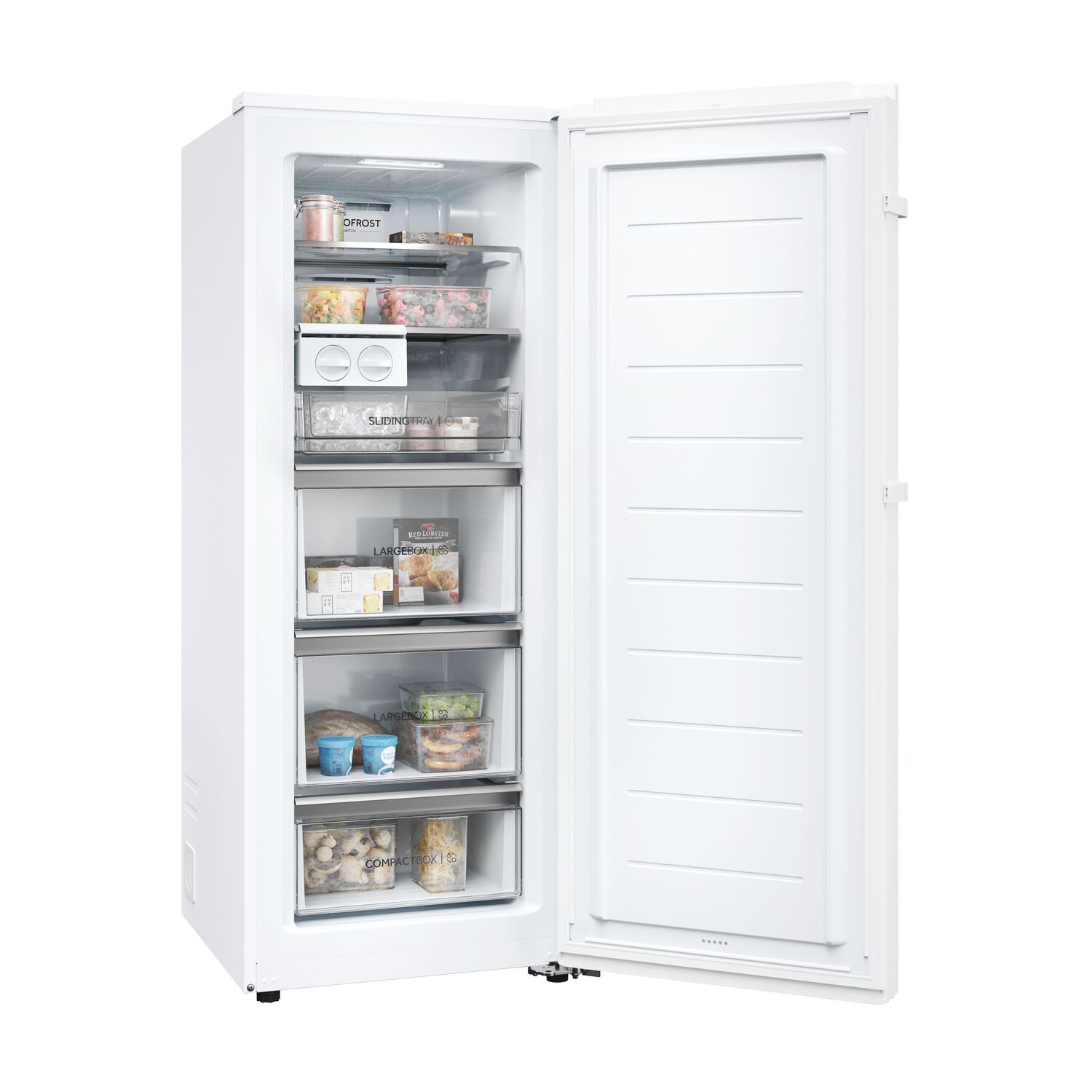 Réfrigérateur blanc avec porte ouverte, montrant divers aliments dans tiroirs et étagères.