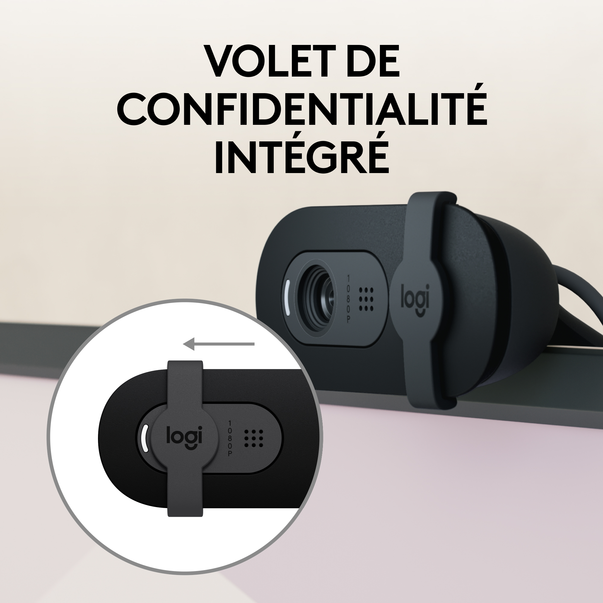 Webcam noire avec obturateur de confidentialité intégré, gros plan du mécanisme.