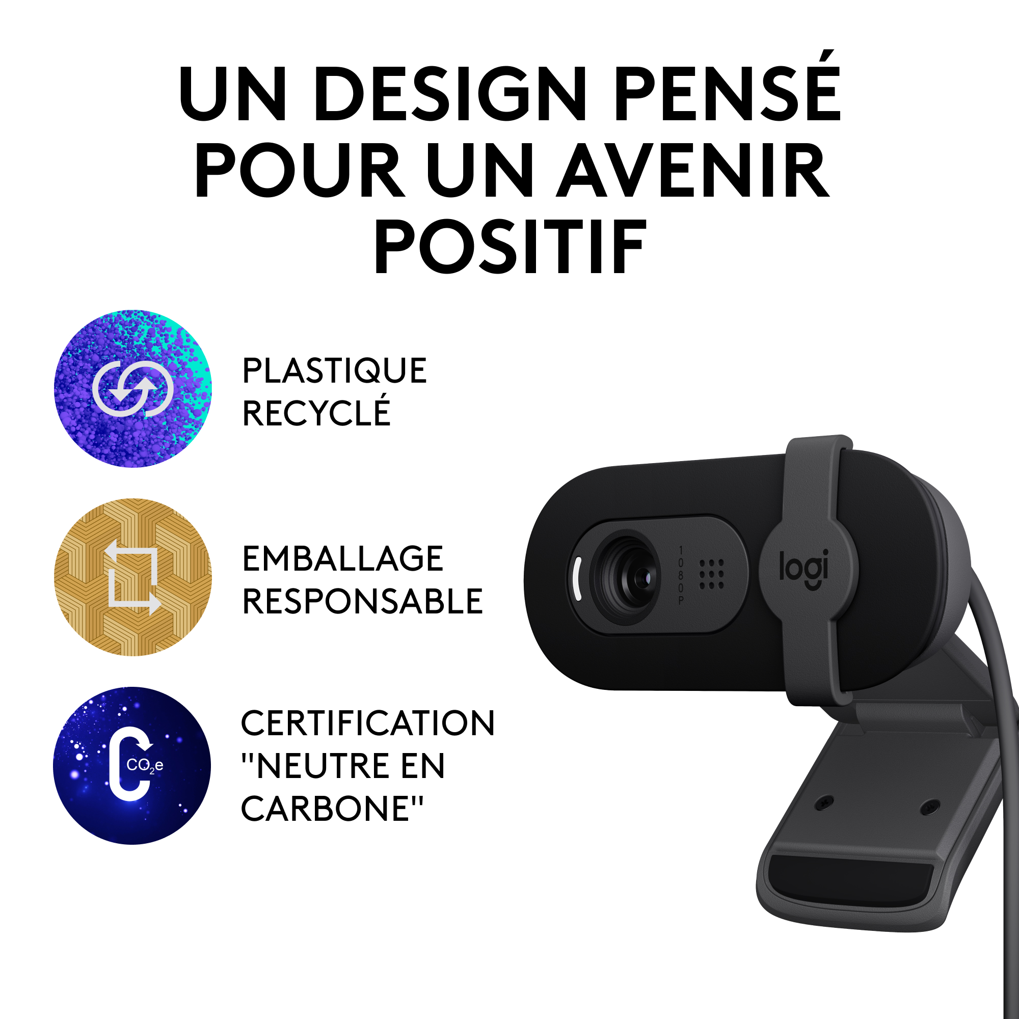 Webcam avec icônes de recyclage, emballage et neutre en carbone et texte.