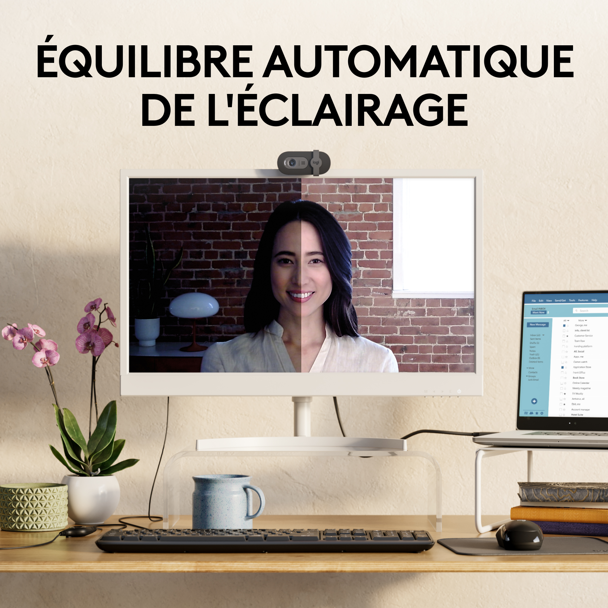 Une femme regarde un moniteur. Le moniteur est divisé en deux, avec un éclairage différent.