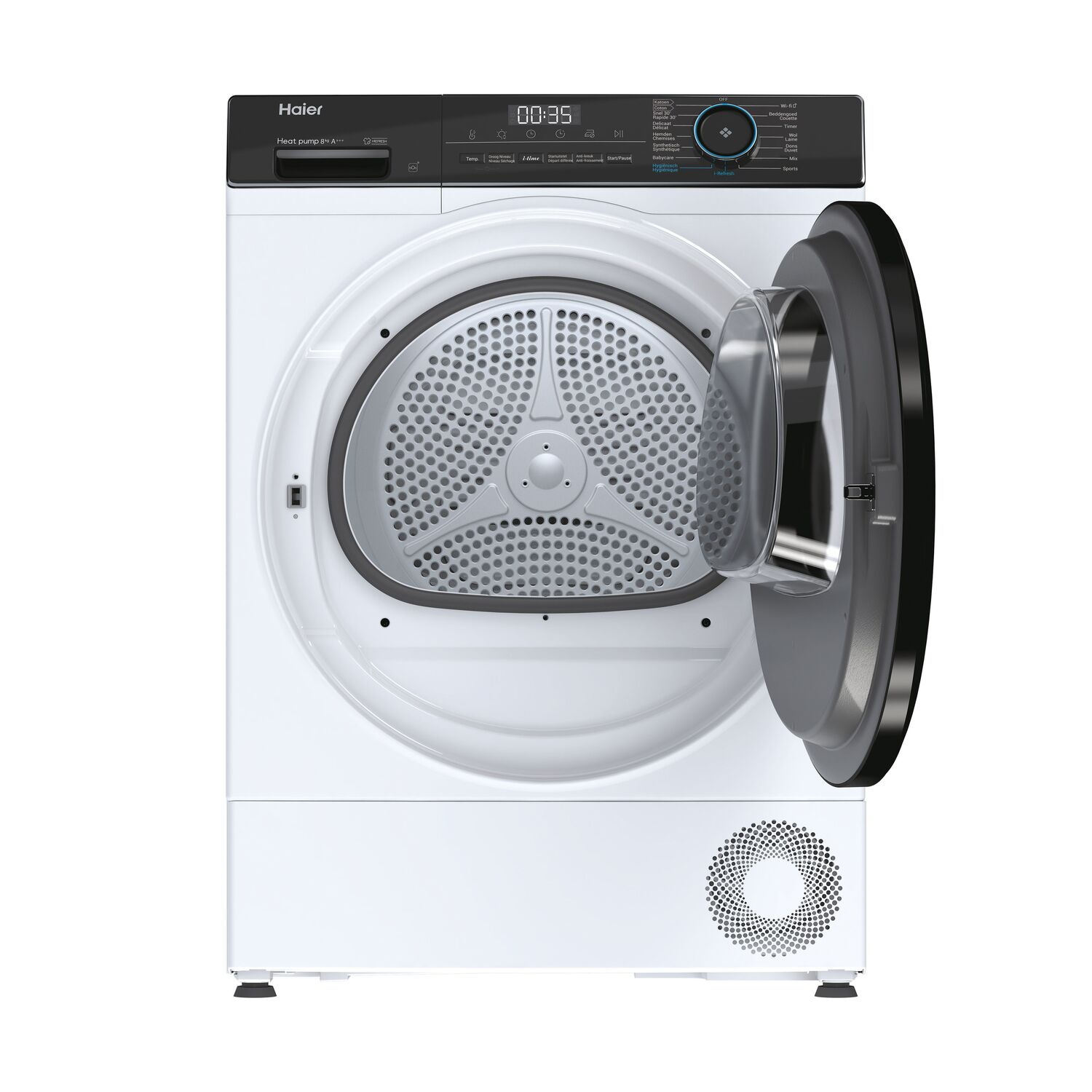 White Haier dryer with door open, revealing the drum. Control panel on top.