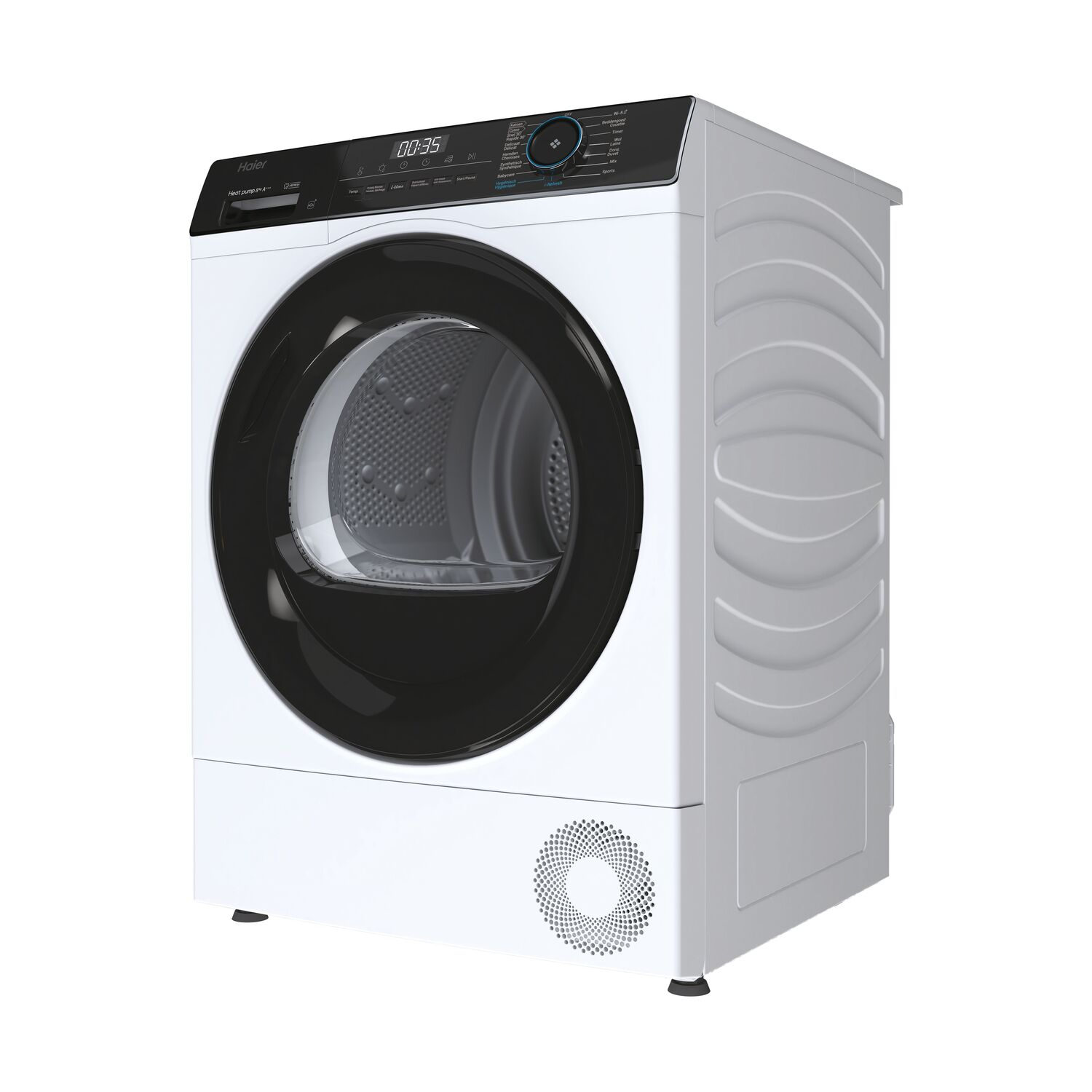 A white Haier dryer. Front view of a white dryer with a black door.
