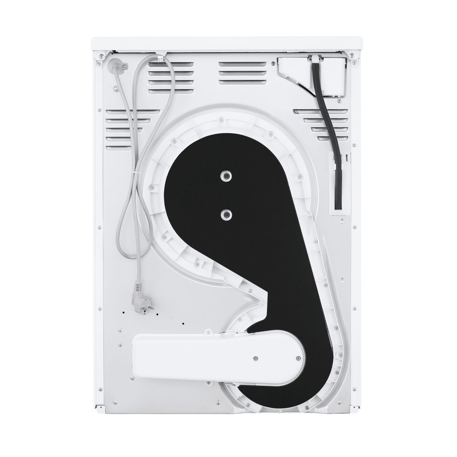 Back of a white dryer. It has a large black interior, mechanical components, and a power cord.