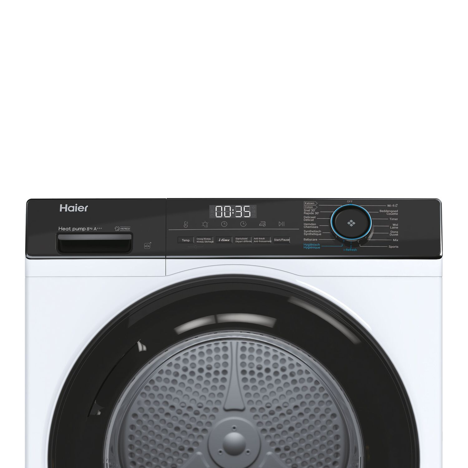 White and black Haier dryer control panel with a digital display.