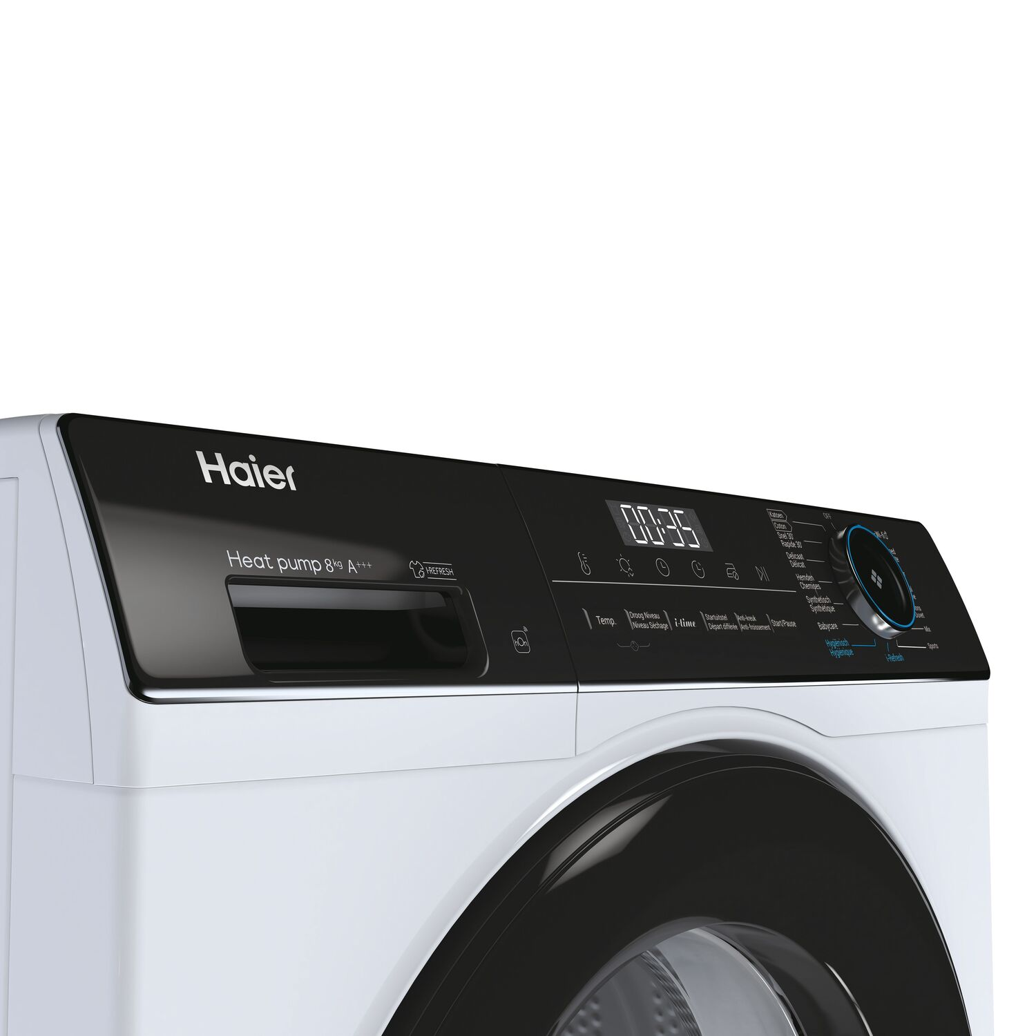 A white Haier washing machine control panel with a black display and buttons. The machine is mostly white.