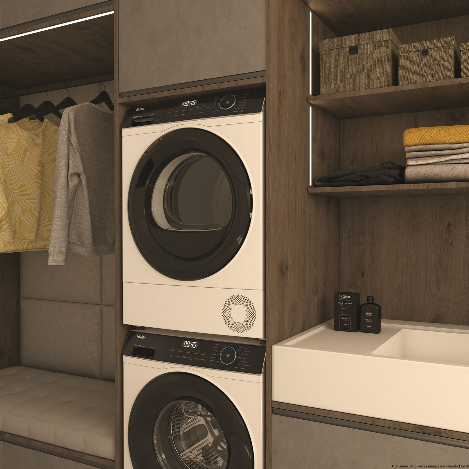 Stacked white washer and dryer in a wooden cabinet with shelves.