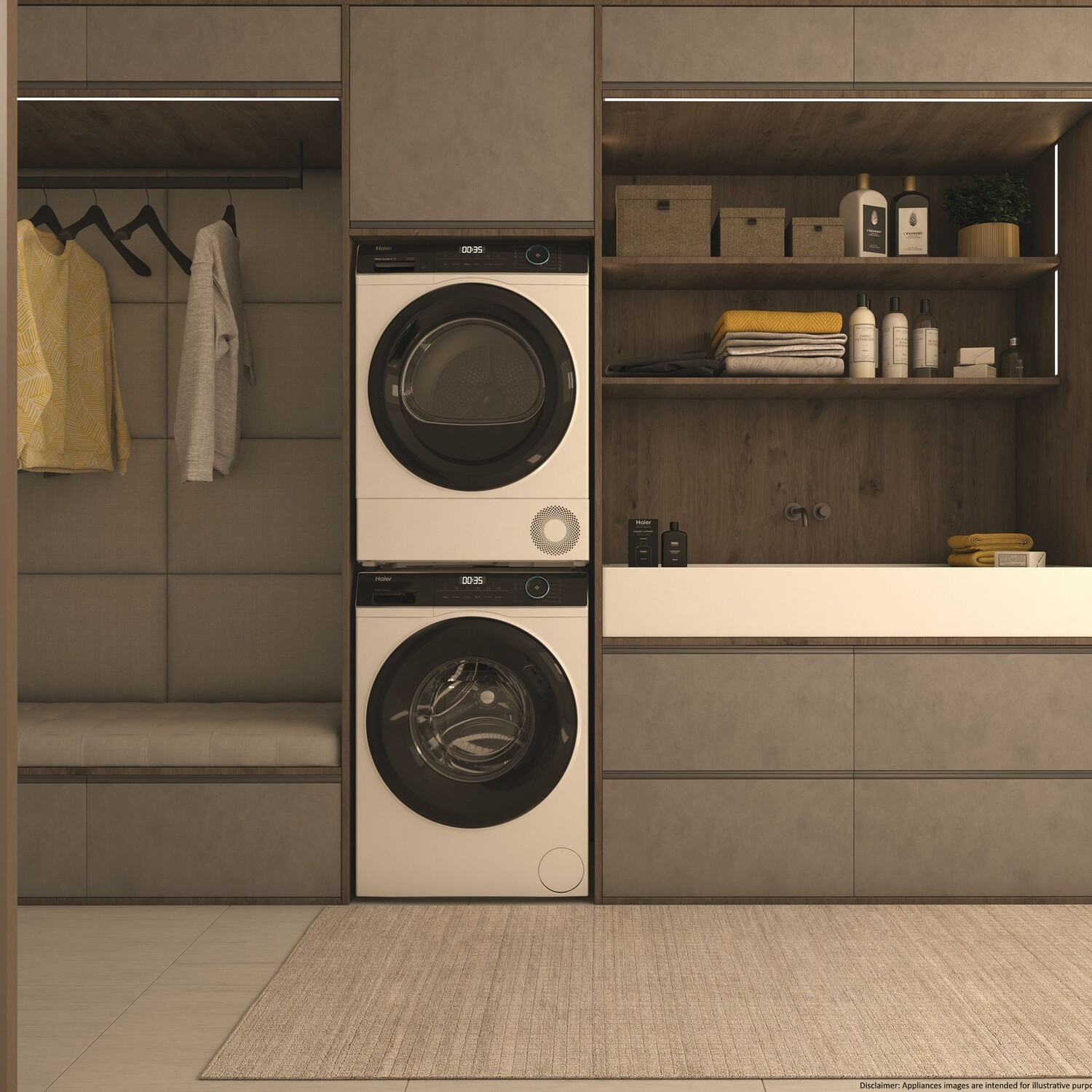 Laundry room with stacked washer/dryer, clothes, shelves with items. Light wood and grey color scheme.