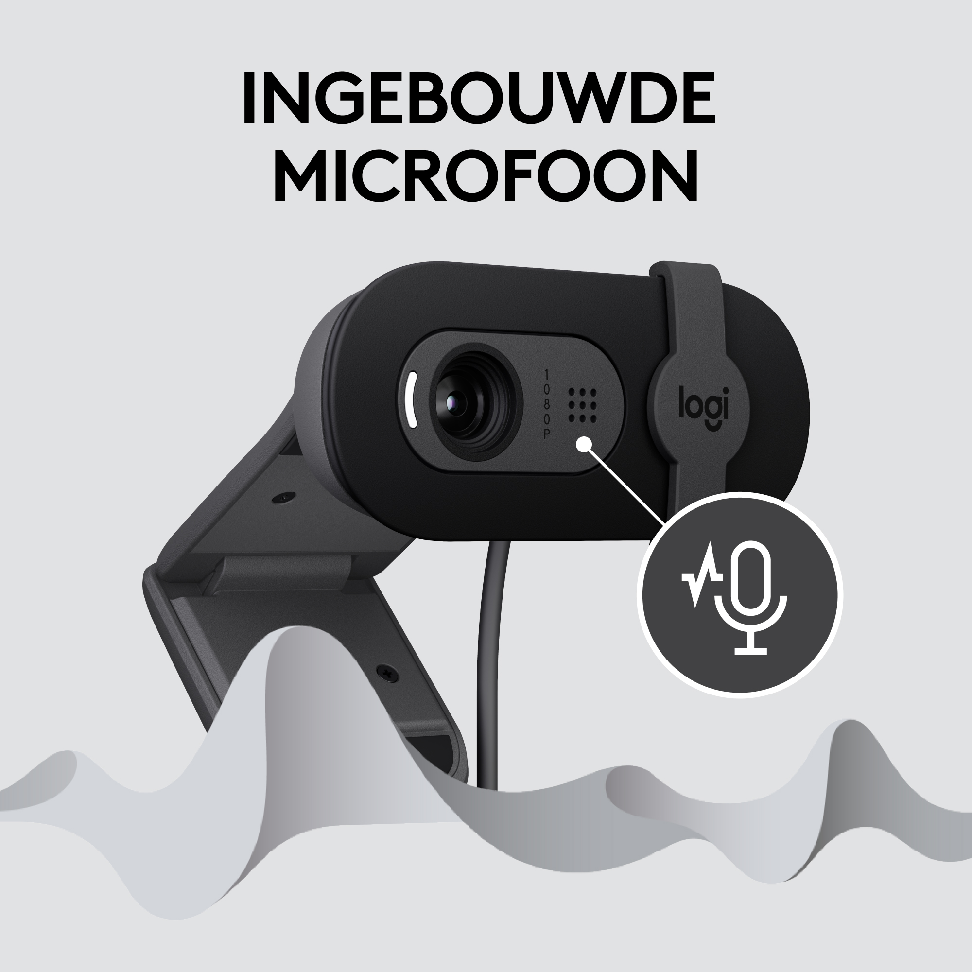 Black webcam with the word 'LOGI' and the text 'INGEBOUWDE MICROFOON' above it.