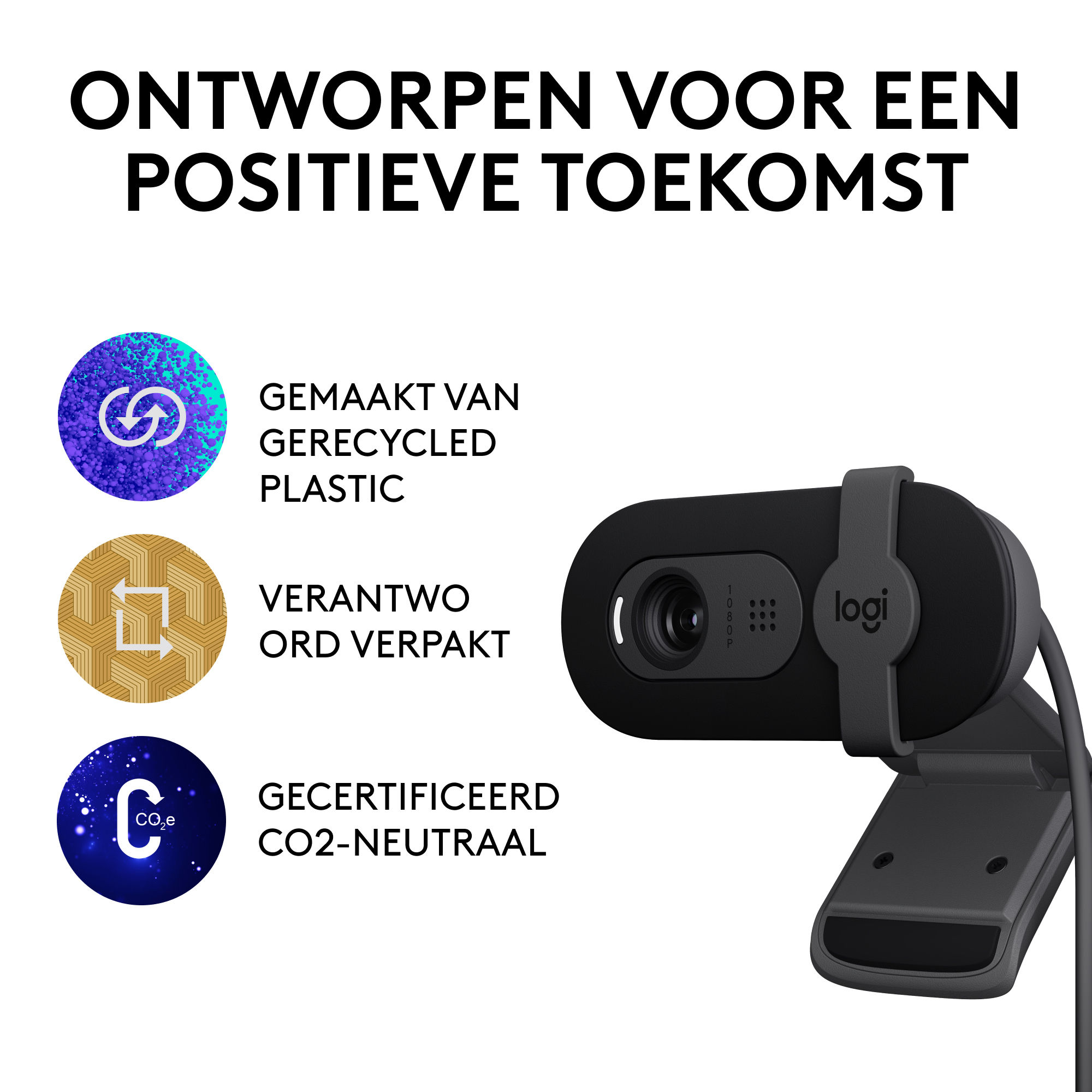 Webcam with sustainability icons: recycled plastic, responsibly packaged, and CO2 neutral certification.