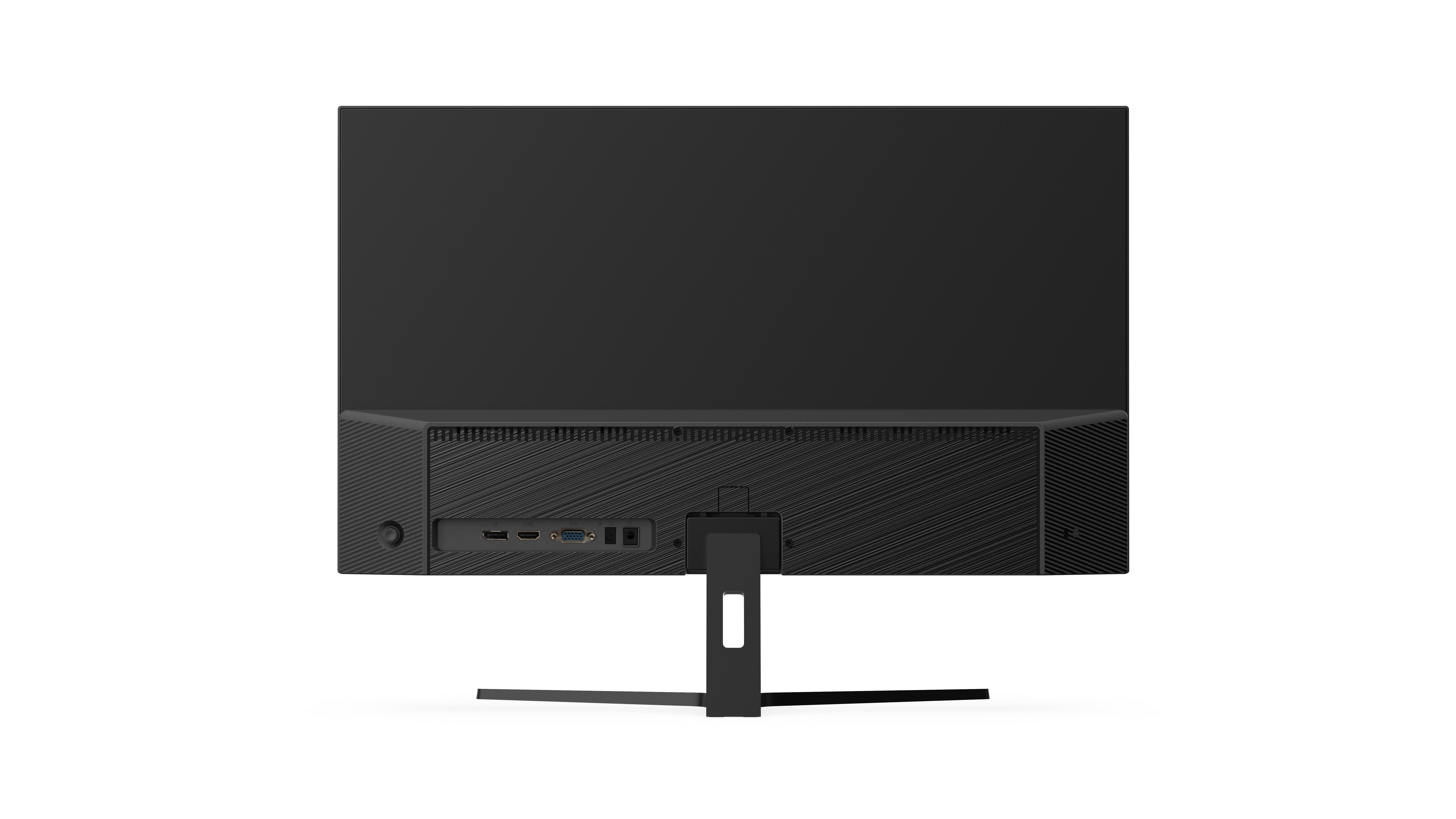 Ein schwarzer Computermonitor, Rückansicht, mit Anschlüssen und einem Ständer auf weißem Hintergrund.