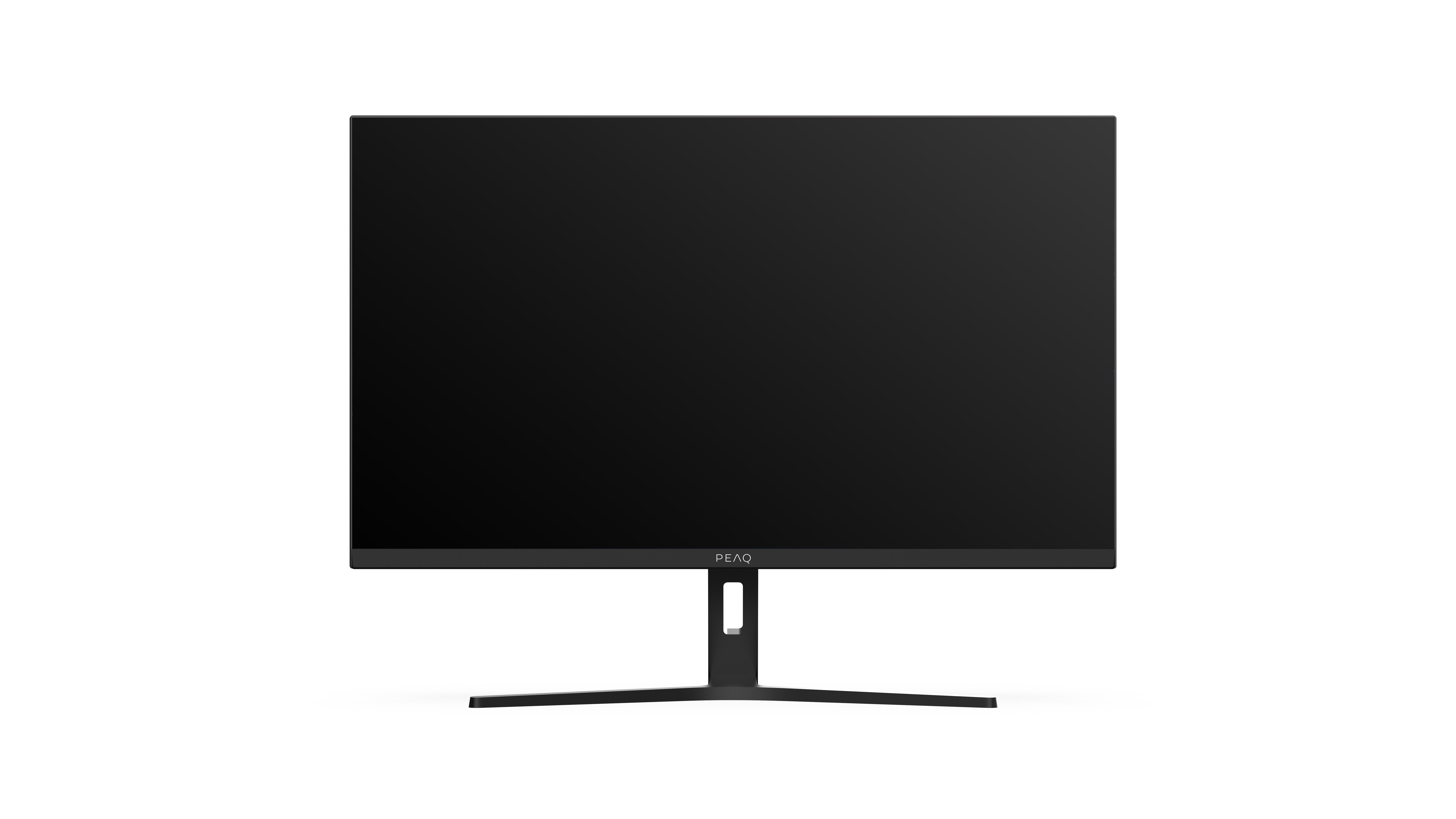 Ein schwarzer Computermonitor mit dünnem Ständer. Der Bildschirm ist leer und schwarz.