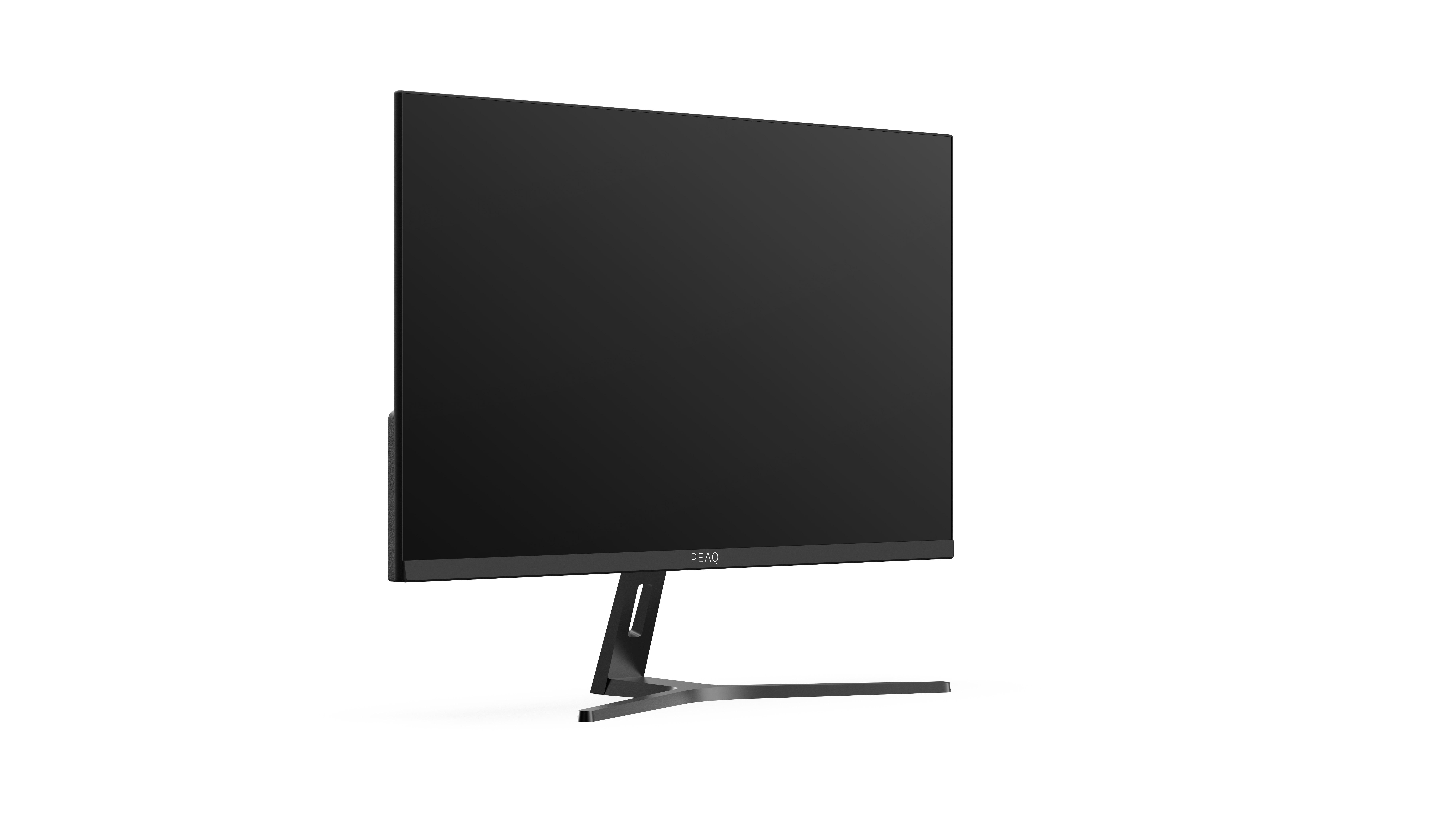 Ein schwarzer Computermonitor auf weißem Hintergrund.