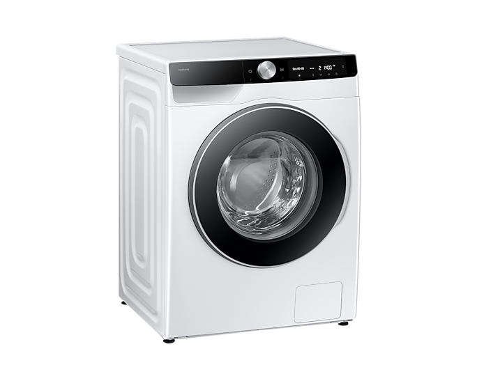 Egy fehér Samsung mosógép, fekete ajtóval és kezelőpanellel.