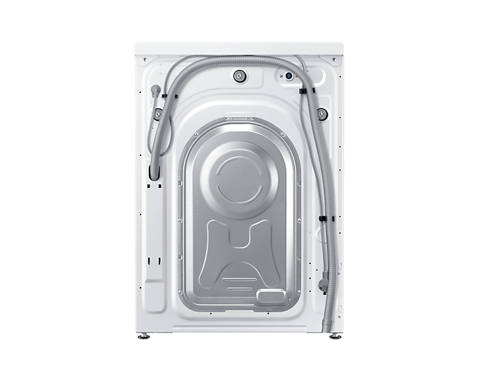 Fehér Samsung mosógép hátulja, tömlőkkel és alkatrészekkel.