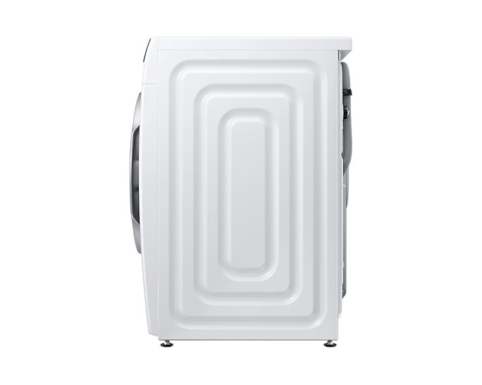 Fehér mosógép hátulról nézve. Téglalap alakú, ívelt szélekkel.