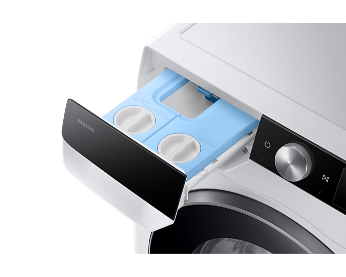 Egy Samsung mosógép fiókjának közeli képe, kék rekeszekkel.