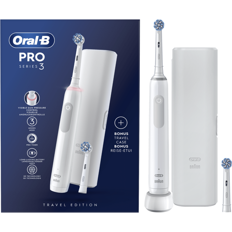 Cepillo de dientes eléctrico Oral-B Pro Series 3, estuche de viaje y cabezales de repuesto. Blanco, detalles azules, fondo azul oscuro.