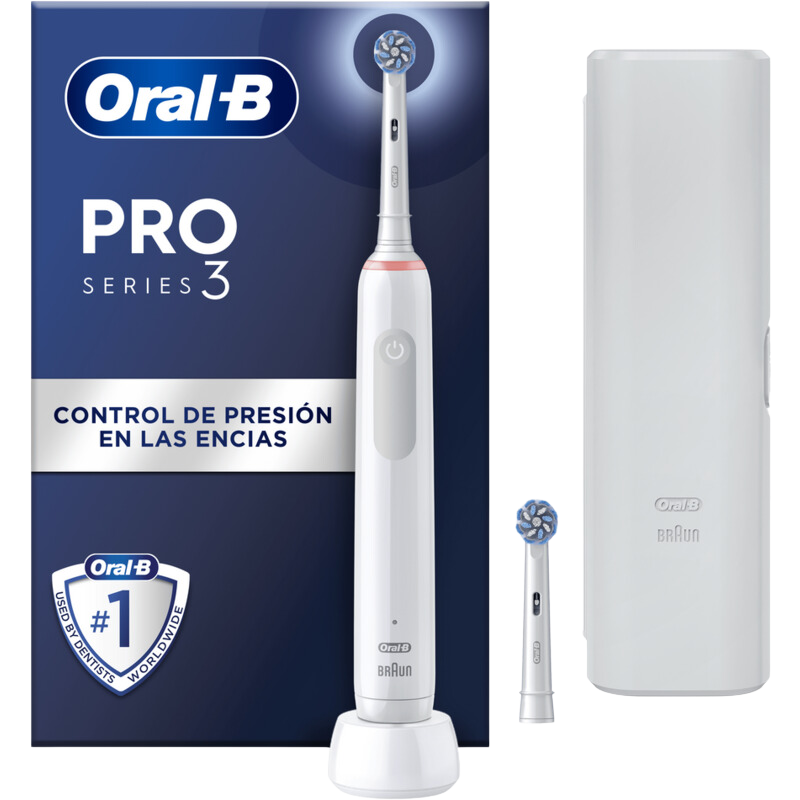 Cepillo de dientes eléctrico Oral-B Pro Series 3, blanco, con caja y base de carga.