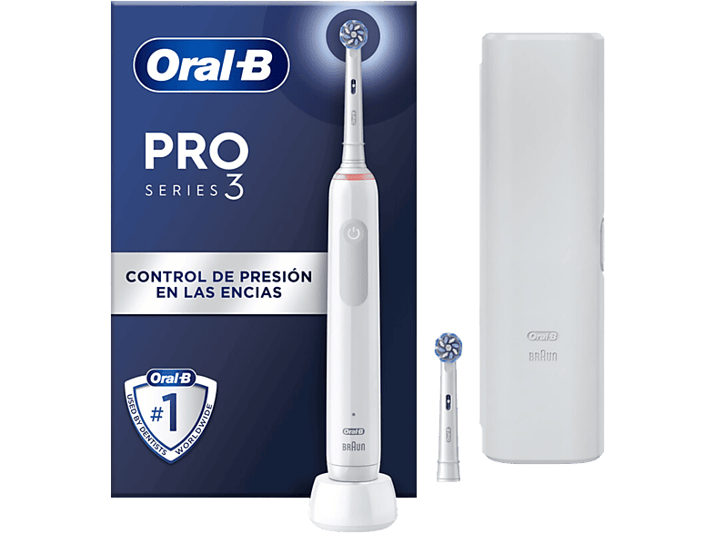 Cepillo eléctrico - Oral-B Pro Series 3, Estuche de viaje, Sensor presión, 2 Recambios, Blanco