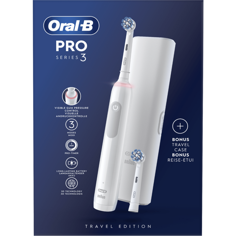 Un cepillo de dientes eléctrico Oral-B Pro Series 3 con accesorios, estuche de viaje sobre fondo azul.