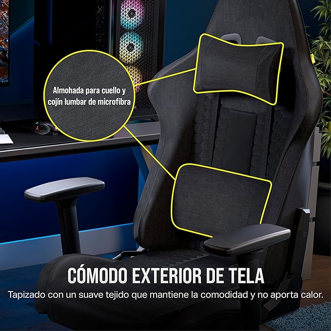 Una silla gaming negra con almohada para el cuello y soporte lumbar, etiquetada, sobre fondo negro.