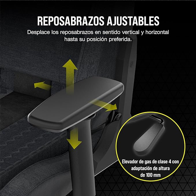 Imagen muestra reposabrazos ajustables. Los reposabrazos son negros. La imagen muestra las direcciones con flechas.