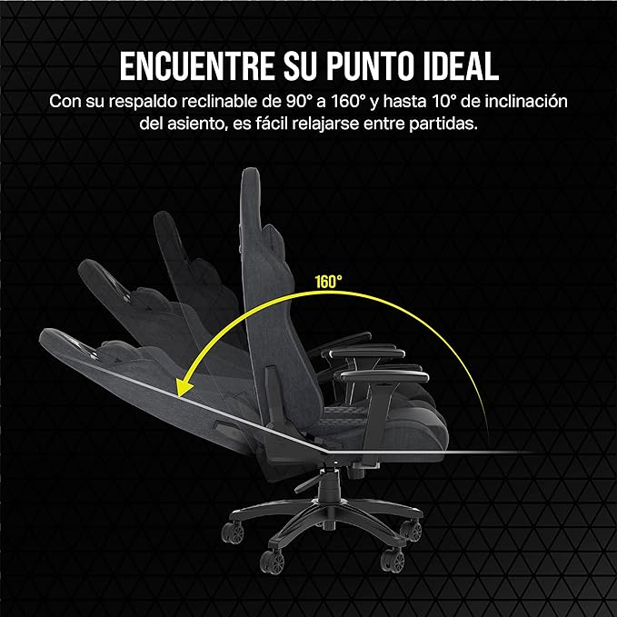 Una silla de juego en varias posiciones reclinadas, con un arco que muestra una reclinación de 160 grados.