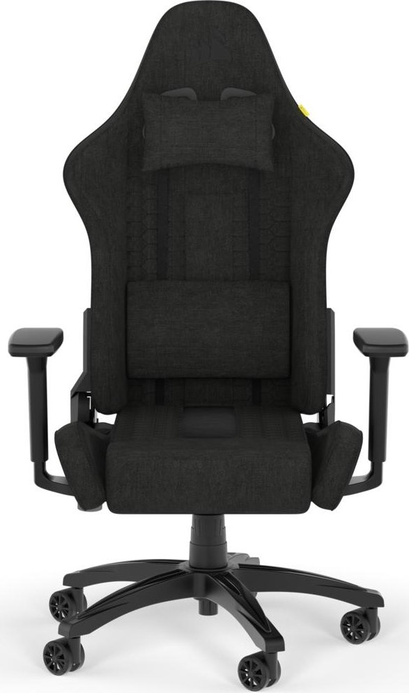Una silla gaming negra con respaldo alto, reposacabezas y reposabrazos, sobre una base negra.