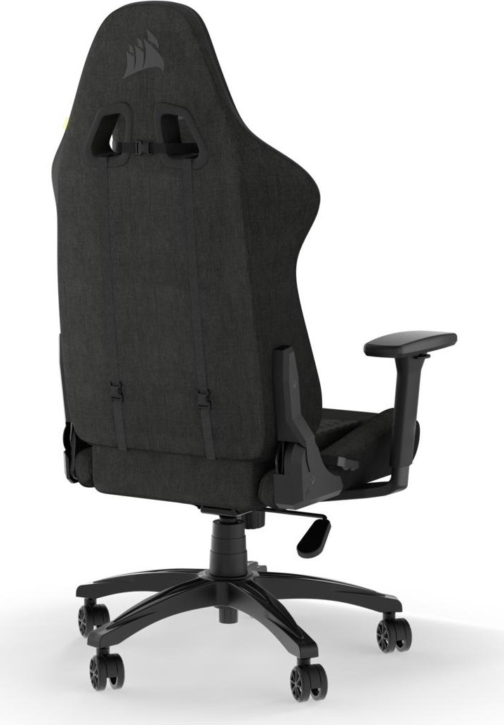 Silla gaming negra, vista trasera, con respaldo de malla y reposacabezas, y base negra.