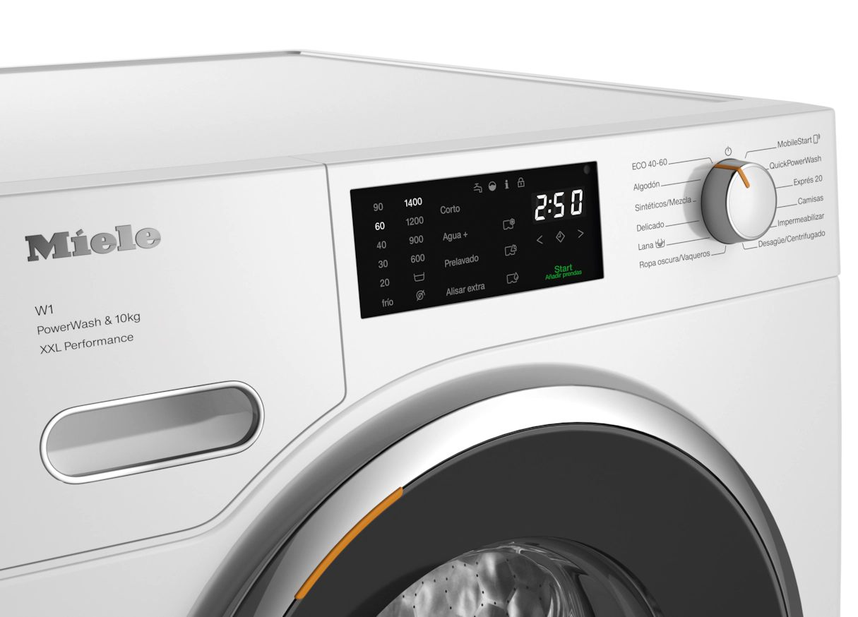 Panel de control de lavadora Miele blanco. Muestra tiempo y ajustes para ciclos de lavado con mando giratorio.