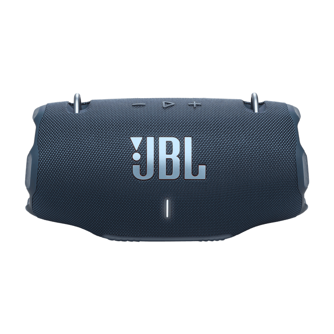 Altavoz JBL azul con logo, botones y asas metálicas sobre fondo negro.