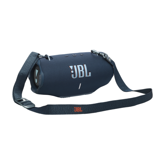Altavoz JBL azul con correa negra, el logotipo de JBL y un fondo oscuro. El diseño es moderno.