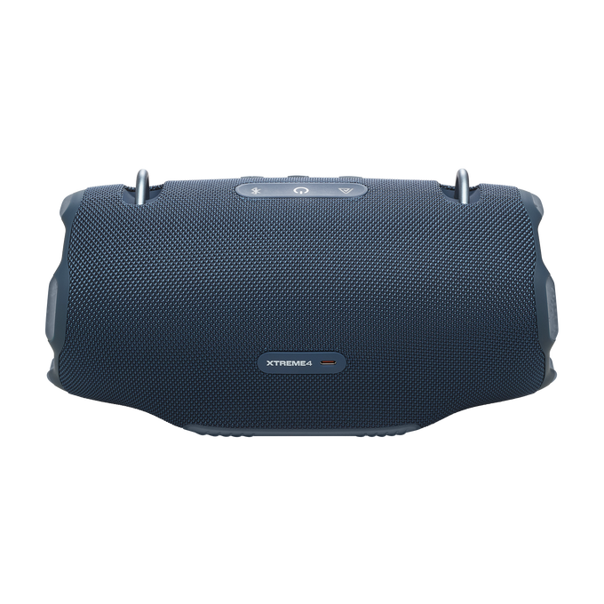 Altavoz portátil azul, vista superior, con controles y logotipo.