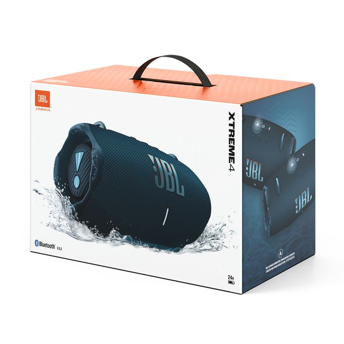 Altavoz JBL Xtreme 4 en una caja. El altavoz es negro y azul con efecto de salpicadura de agua.