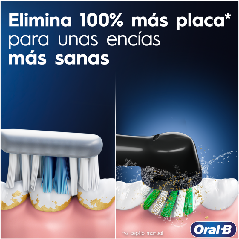 Comparación de dientes: cepillo manual muestra placa, cepillo eléctrico limpia eficazmente, para encías sanas.