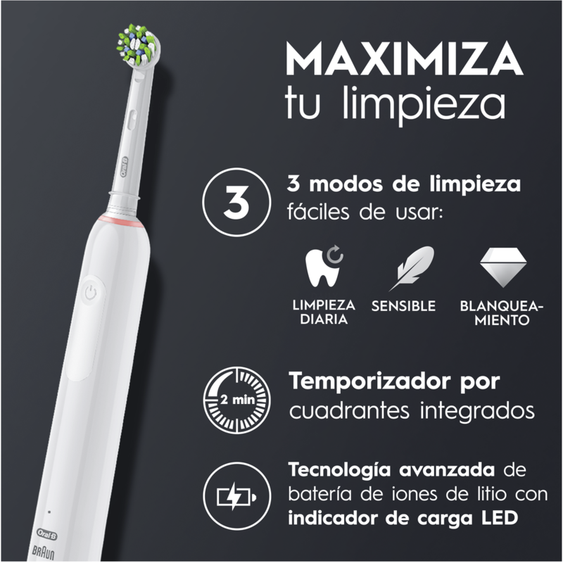 Un cepillo de dientes eléctrico con texto sobre modos de limpieza e información de batería.