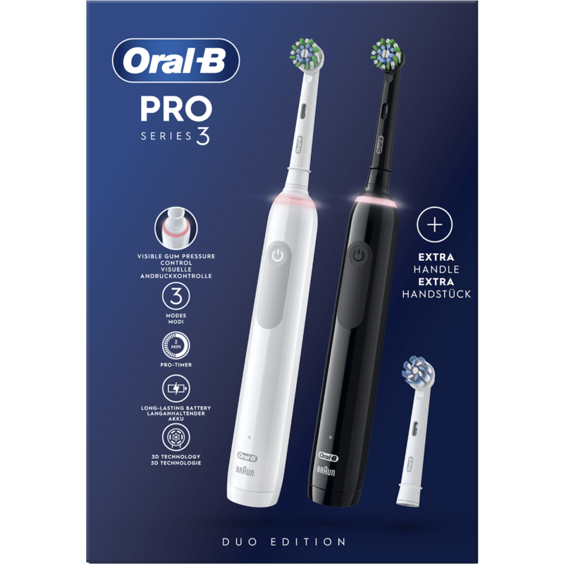 Cepillos de dientes eléctricos Oral-B Pro Series 3, blanco y negro, con caja Duo Edition.