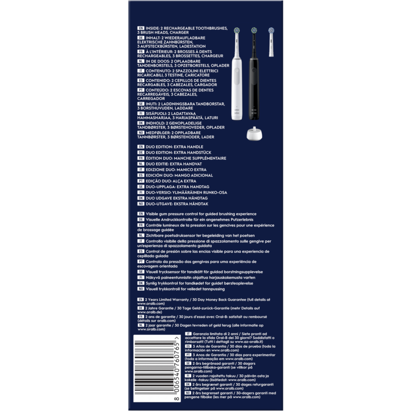 Caja de cepillos de dientes eléctricos Oral-B, con detalles del producto y un tema blanco, negro y azul.