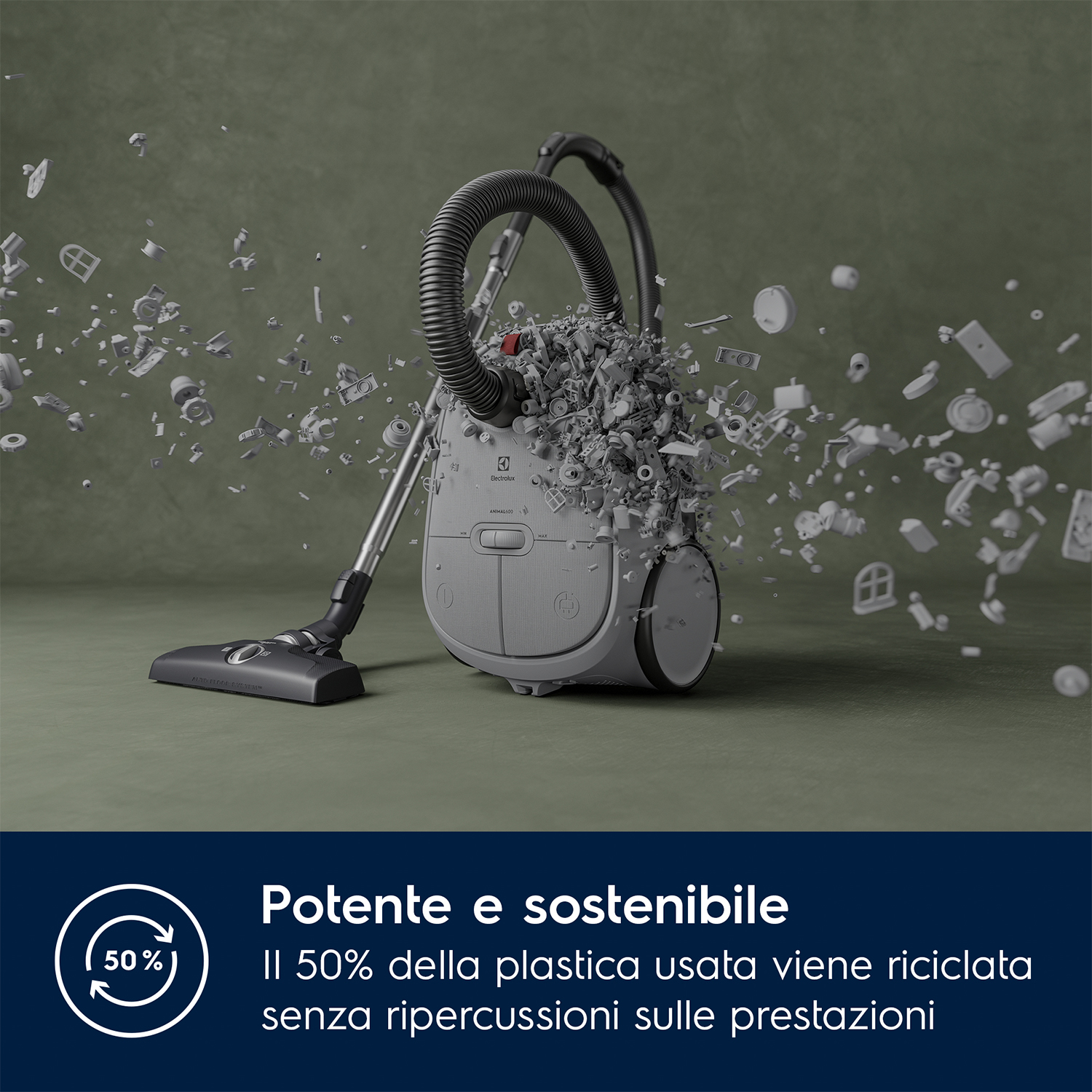 Aspirapolvere con detriti fluttuanti. Sfondo verde con testo.