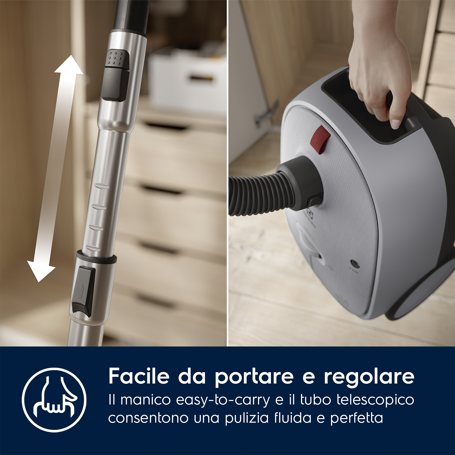 Un aspirapolvere con una maniglia tenuta. La maniglia è facile da trasportare e regolare.