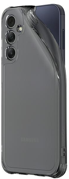 Przezroczyste etui na czarnym telefonie, pokazujące aparat i przyciski telefonu.