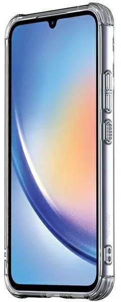 Smartfon w przezroczystym etui ochronnym, z ekranem wyświetlającym niebiesko-żółty wzór.