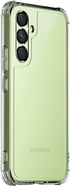 Zielony telefon w przezroczystym etui. Telefon ma trzy aparaty. Białe tło.