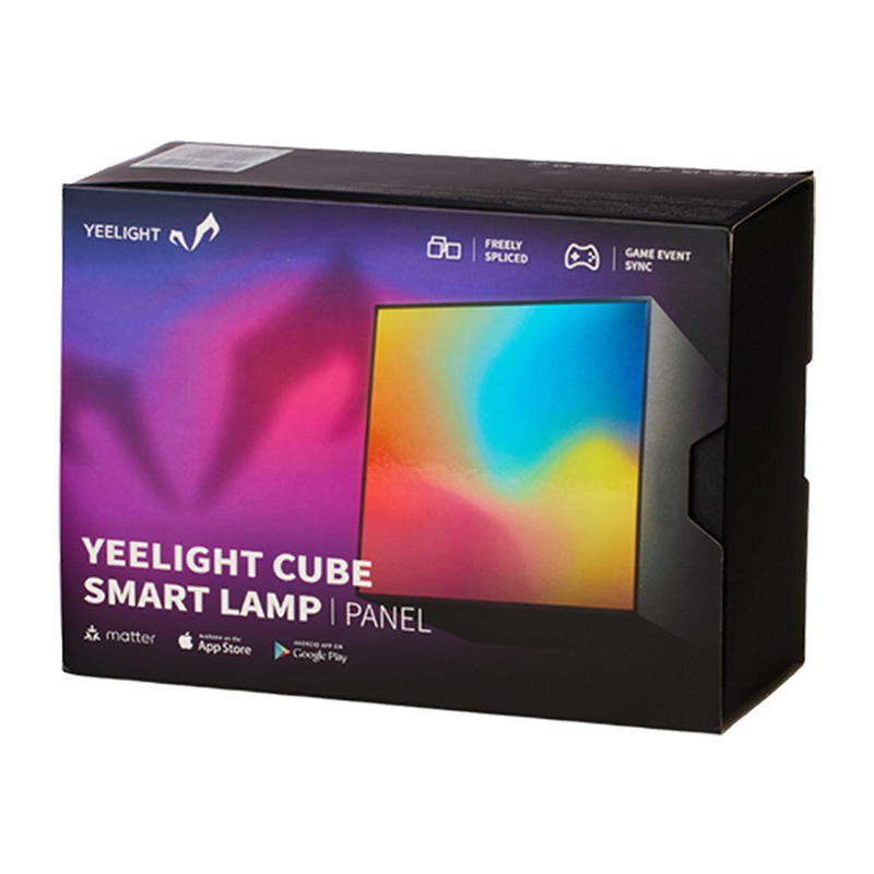Czarne pudełko Yeelight Cube Smart Lamp Panel, z kolorowym wyświetlaczem świetlnym i logo Yeelight.