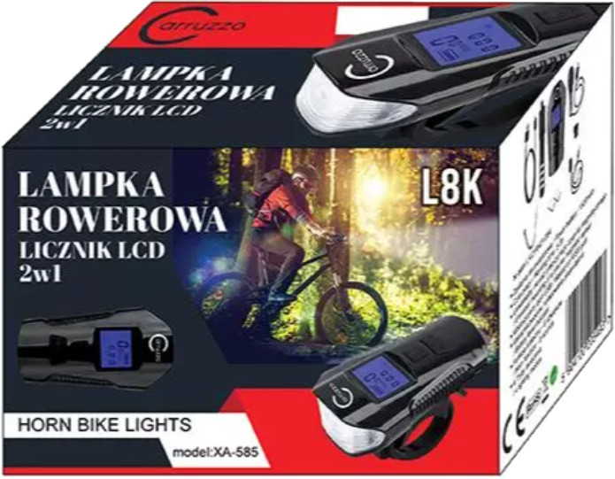 Pudełko ze światłem rowerowym, z rowerzystą i ekranem pokazującym prędkość i funkcje.