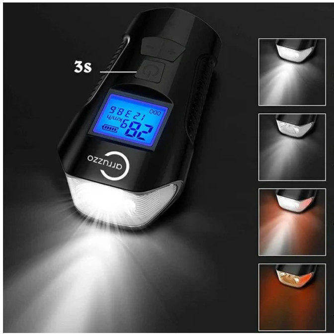 Czarne światło rowerowe z wieloma trybami świecenia. Wyświetlacz pokazuje prędkość i żywotność baterii.