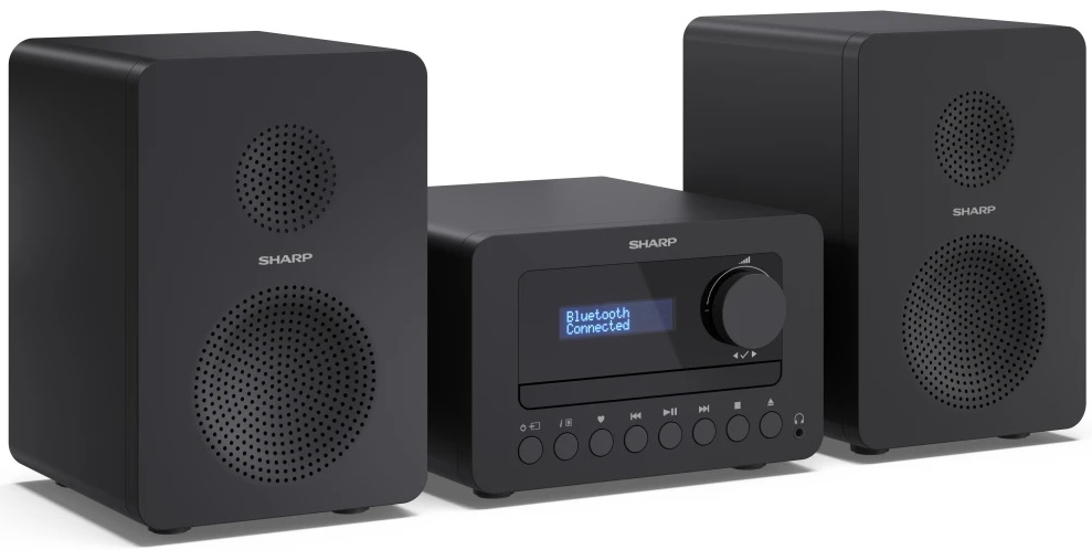 Czarny system stereo z dwoma głośnikami i jednostką centralną.