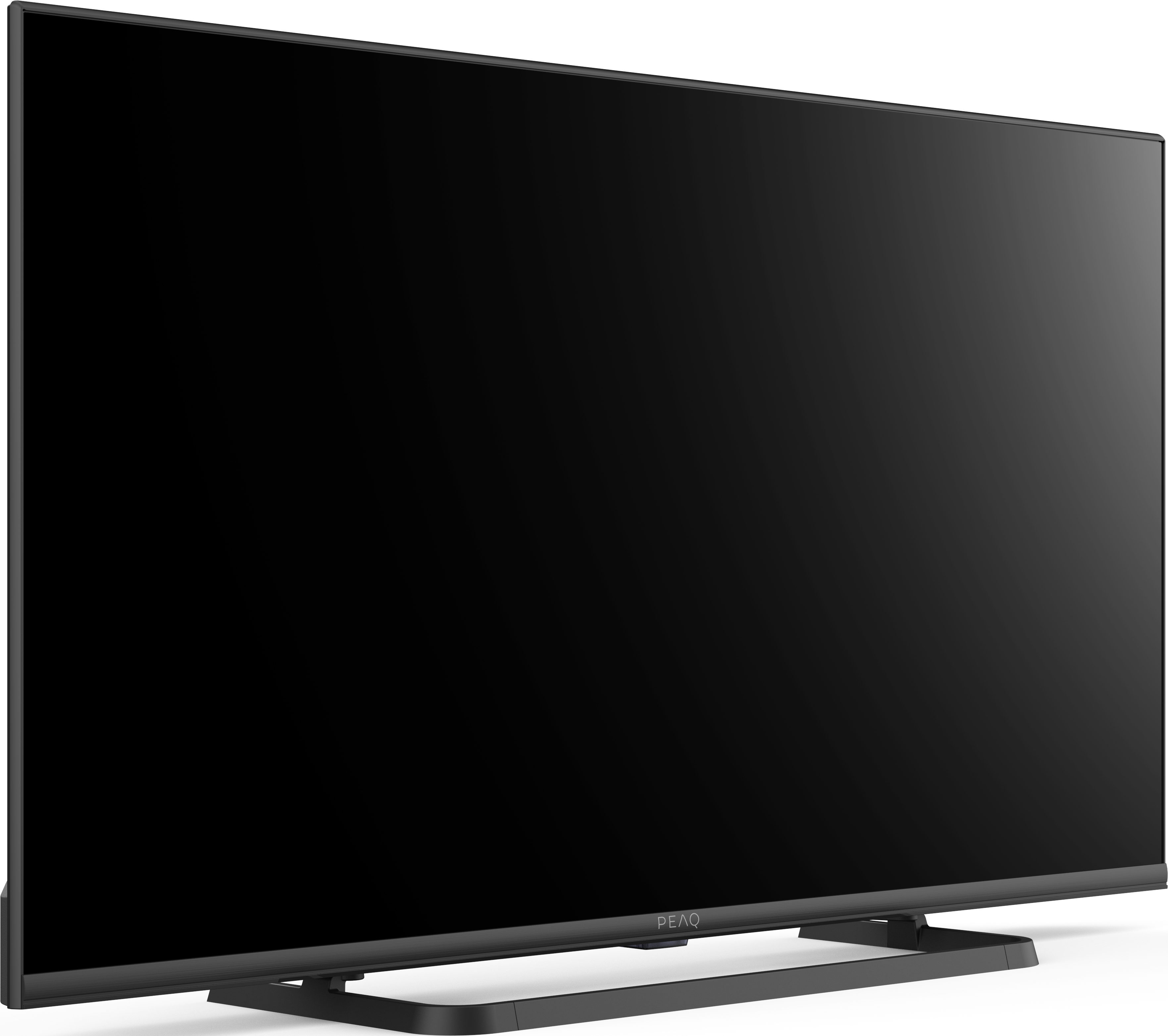 Schwarzer Peaq TV. Schlankes Design, mit dunklem Bildschirm und minimalistischem Standfuß. Modern und elegant.