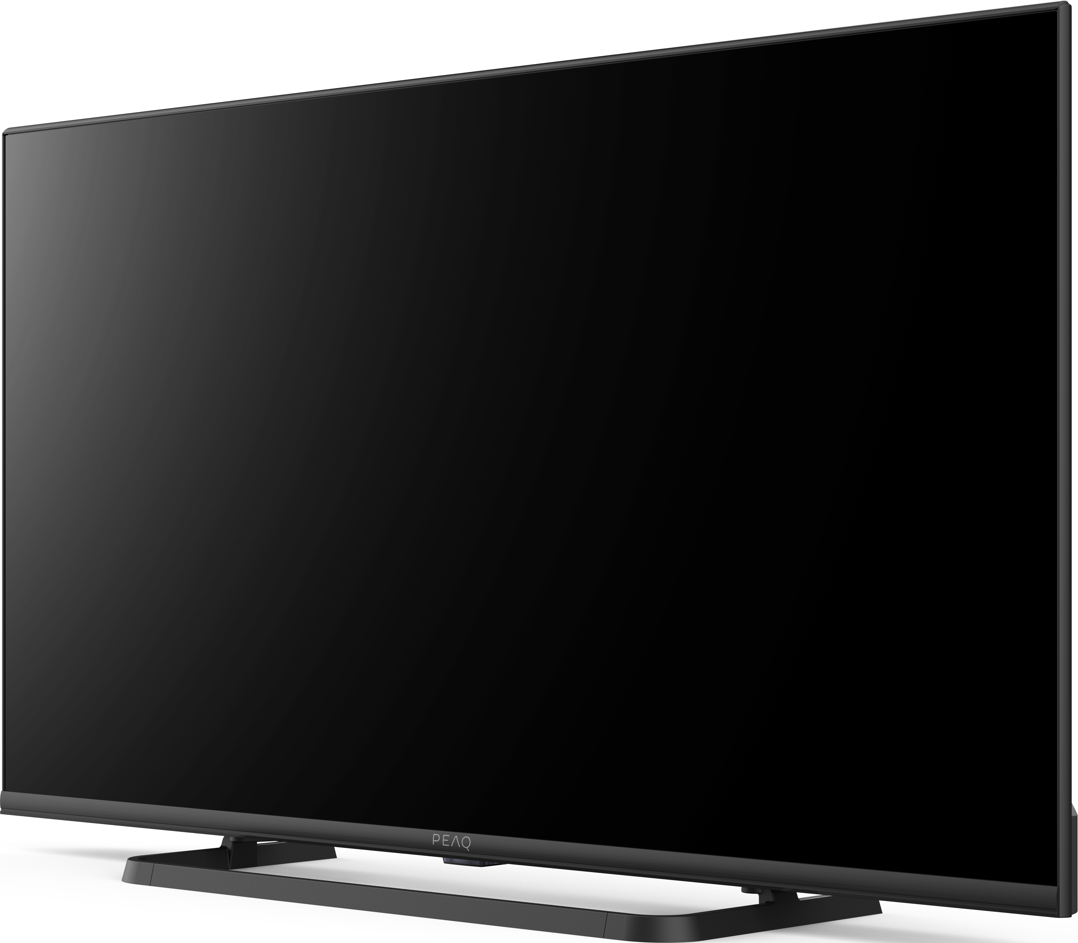 Ein schwarzer PEAQ-Fernseher auf einem schwarzen Ständer. Der Bildschirm ist schwarz, zeigt den Aus-Zustand.